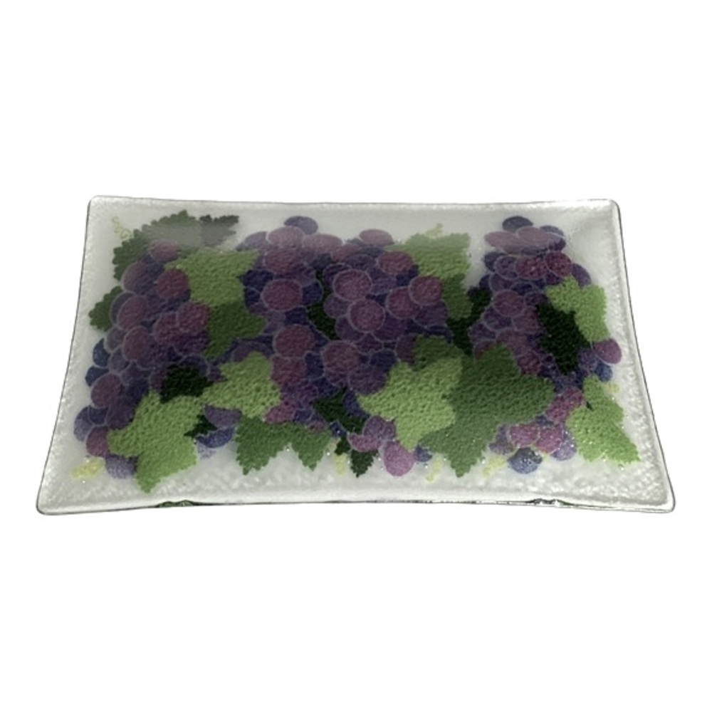 Peggy Karr Signed Fused Art Glass Rectangular Dish Grapes And Leaves Vintage EUC